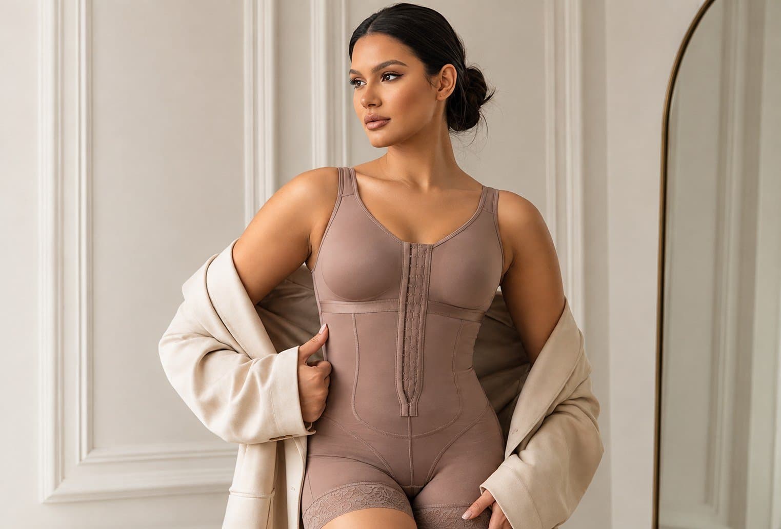Woman in a CurvCraft tummy control bodysuit with a cream coat over her shoulders